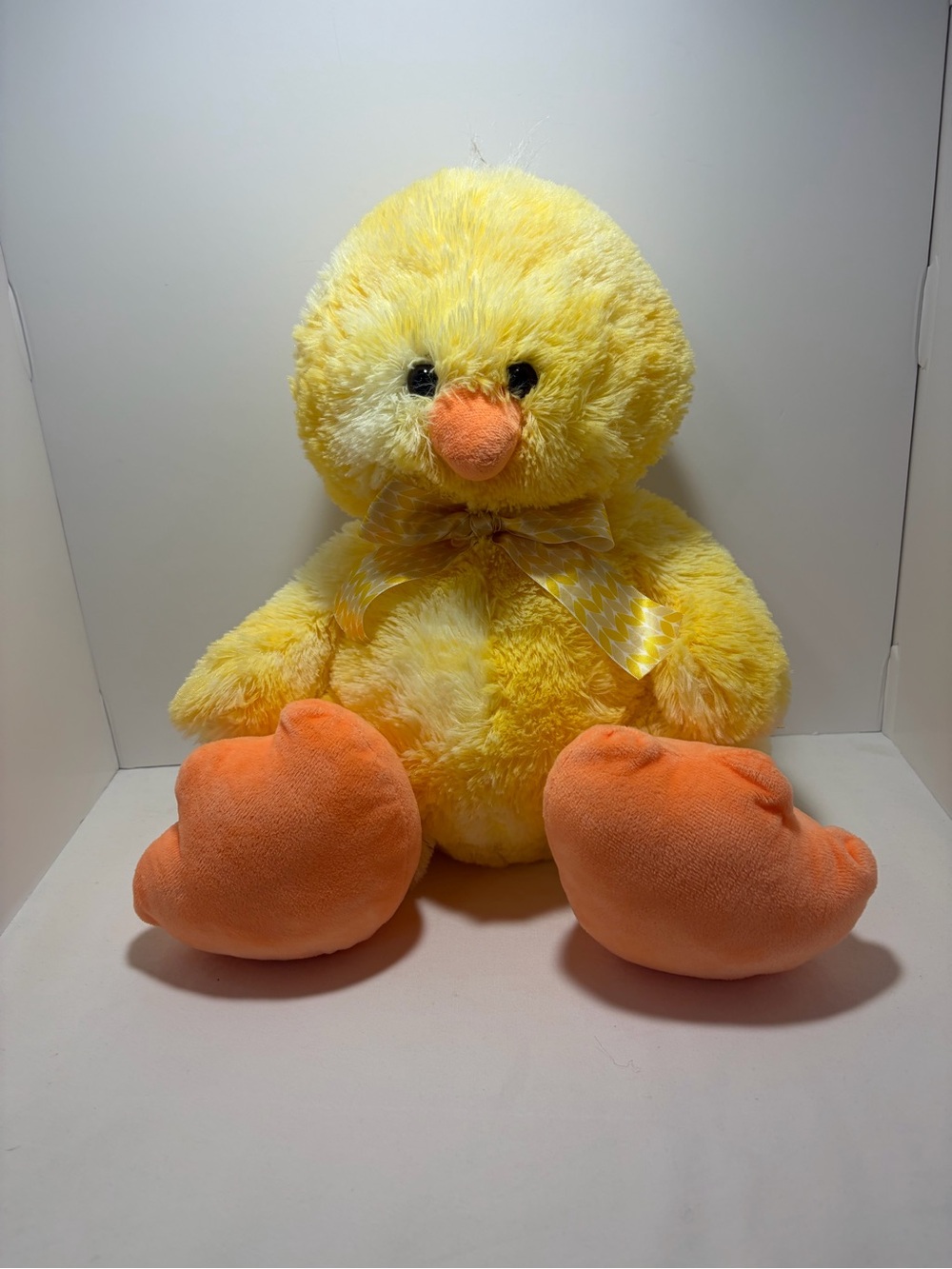 Plush Yellow Chick with Orange Beak & Feet and Chevron Bow